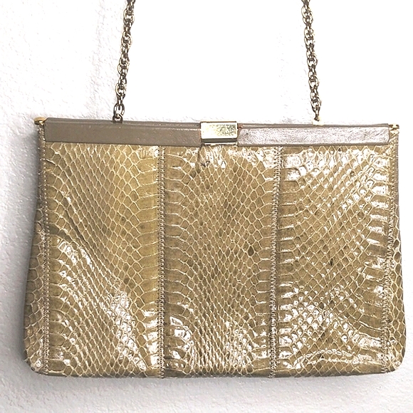 Vintage 60s Palizzio Genuine Snake Skin Purse Tan Crossbody Shoulder Bag - Picture 1 of 17
